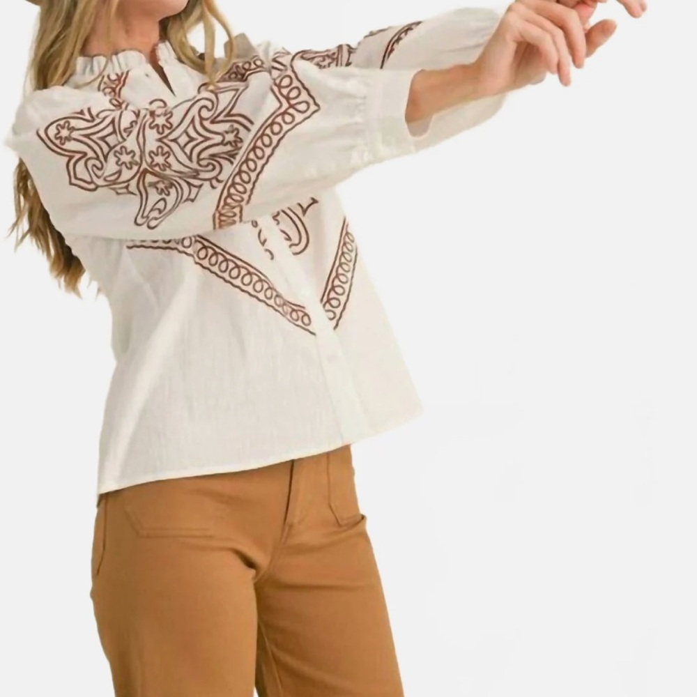 NWT &merci Western Embroidered Top In White SIZE M - Picture 6 of 11